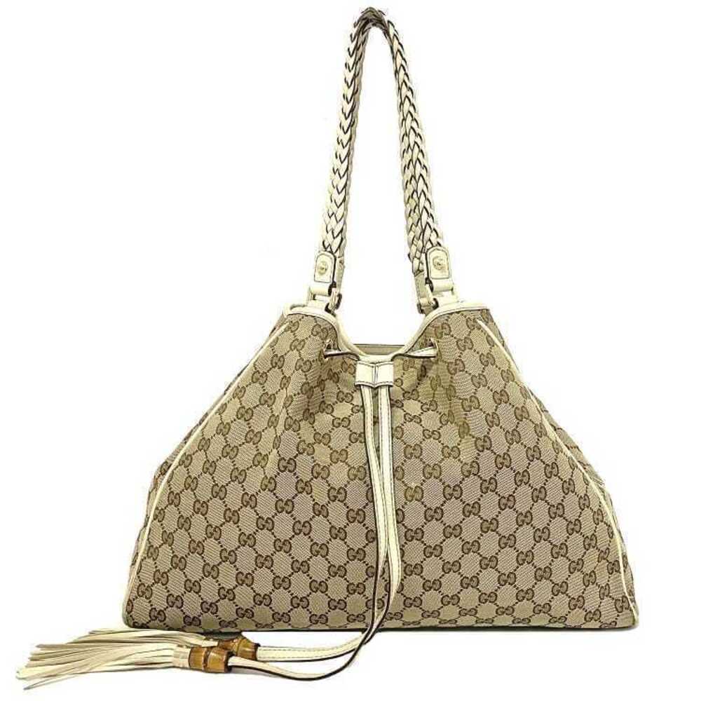 Gucci Brown Bamboo Beige over Bag GG Tote Shoulder Woven Business All Tassel - Picture 2 of 10